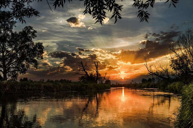River at Sunset — Orange, Dramatic, Photograph, Trees, Clouds, Sky