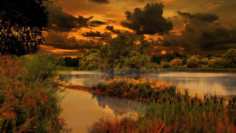 River at Sunset — Orange, Dramatic, Photograph, Trees, Clouds