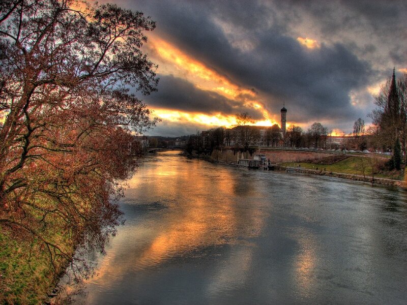 River at Sunset — Orange, Dramatic, Photograph, Trees, Clouds, Tower