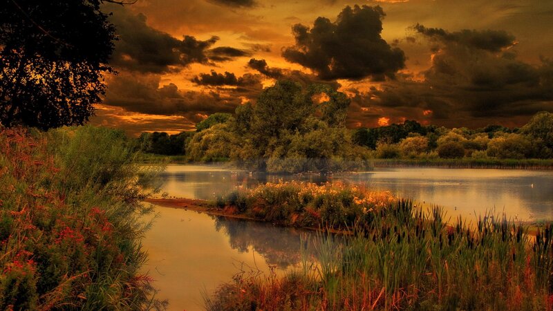 River at Sunset — Orange, Dramatic, Photograph, Trees, Clouds, Water, Green