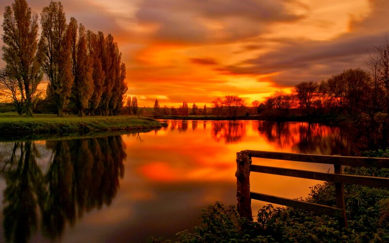 River at Sunset — Orange, Dramatic, Photograph, Trees, Fence