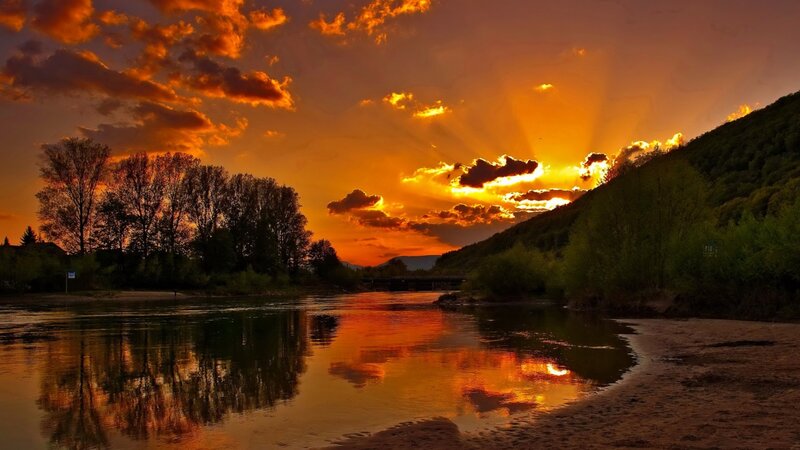 River at Sunset — Orange, Dramatic, Photograph, Trees, Mountain