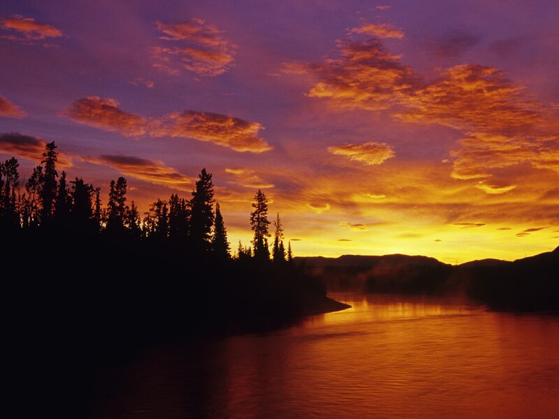 River at Sunset — Orange, Dramatic, Photograph, Trees, Mountains, Sky, Purple