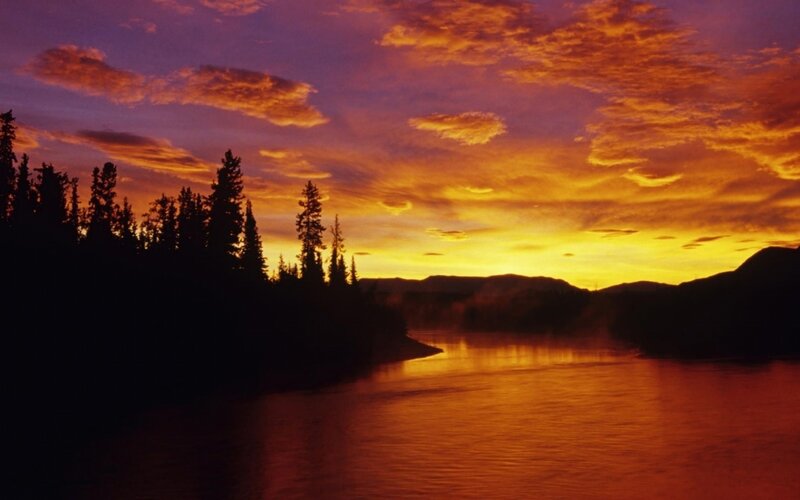 River at Sunset — Orange, Dramatic, Photograph, Trees, Mountains, Sky