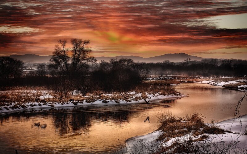 River at Sunset — Orange, Dramatic, Photograph, Trees, Mountains, Snow, Red