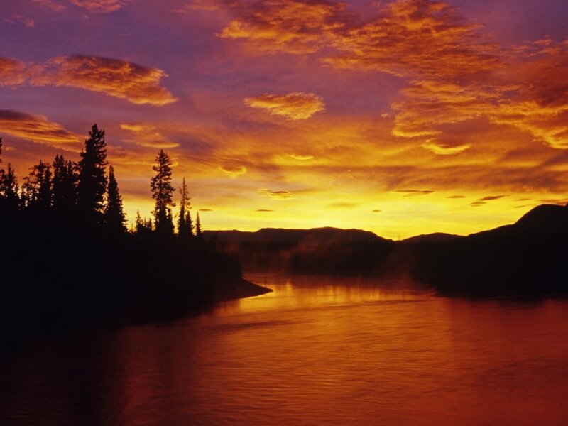 River at Sunset — Orange, Dramatic, Photograph, Trees, Mountains
