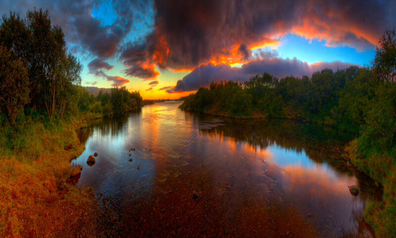 River at Sunset — Orange, Dramatic, Photograph, Trees, Sky, Clouds
