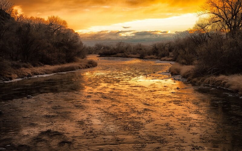 River at Sunset — Orange, Dramatic, Photograph, Trees, Sky, Ice