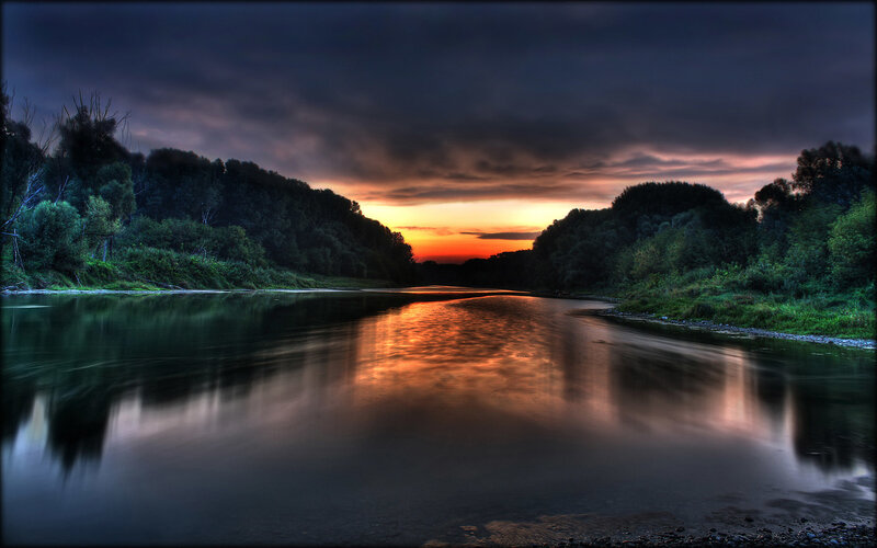 River at Sunset — Orange, Dramatic, Photograph, Trees, Sky, Reflection, Dark Blue, Green