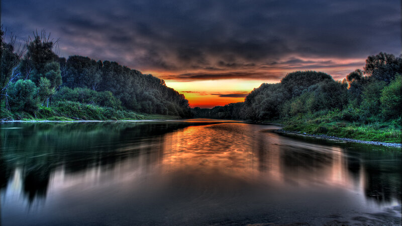 River at Sunset — Orange, Dramatic, Photograph, Trees, Sky, Reflection, Green, Dark Blue