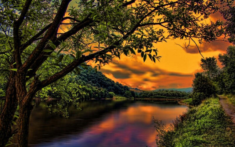 River at Sunset — Orange, Dramatic, Photograph, Trees, Sky, Reflection, Path