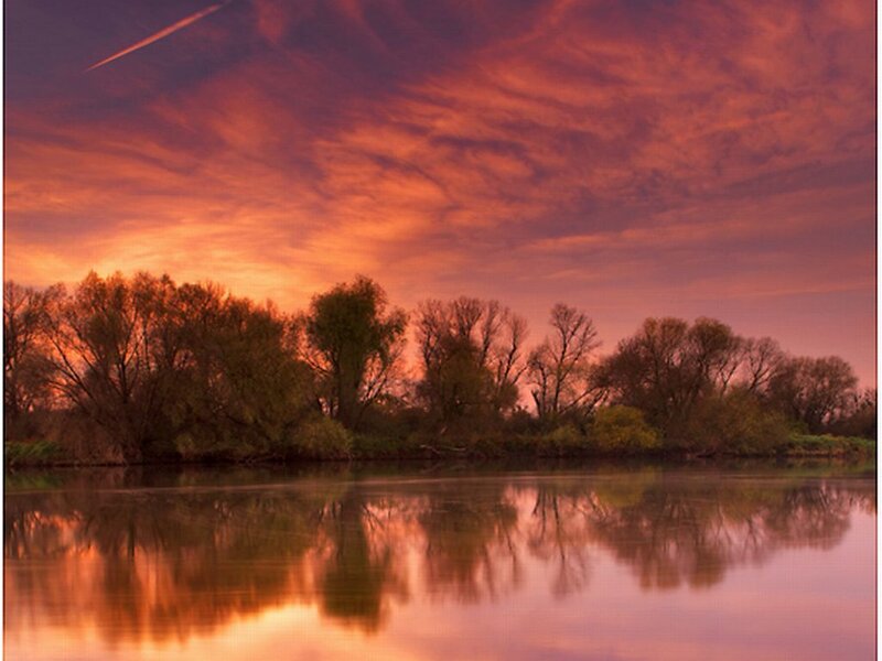 River at Sunset — Orange, Dramatic, Photograph, Trees, Sky, Reflection
