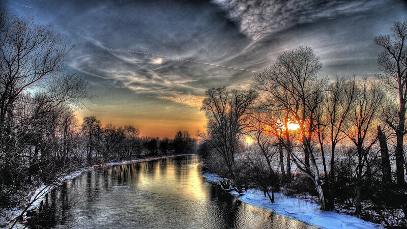 River at Sunset — Orange, Dramatic, Photograph, Trees, Sky, Snow
