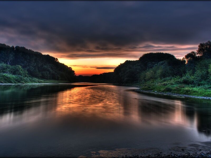 River at Sunset — Orange, Dramatic, Photograph, Trees, Sky