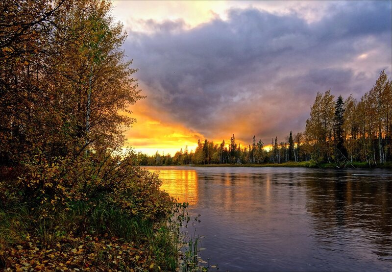 River at Sunset — Orange, Dramatic, Photograph, Trees, Sky, Water