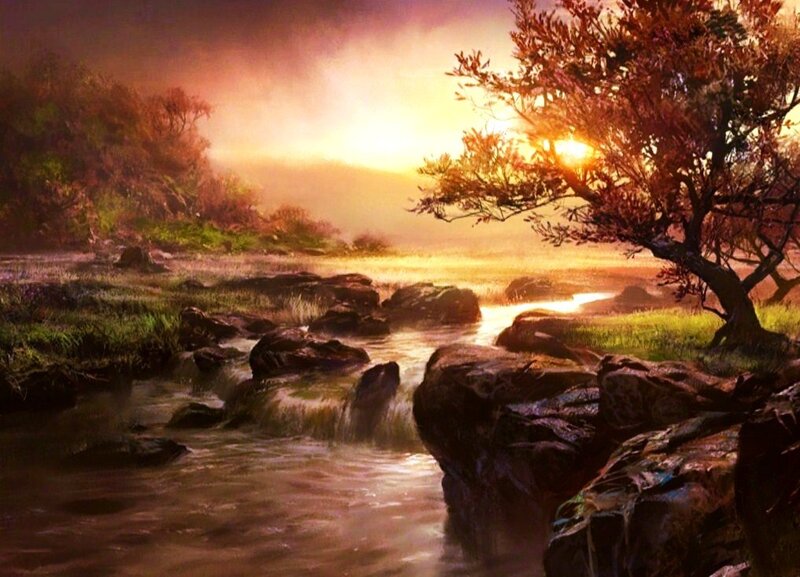 River at Sunset — Orange, Serene, Digital Art, Tree
