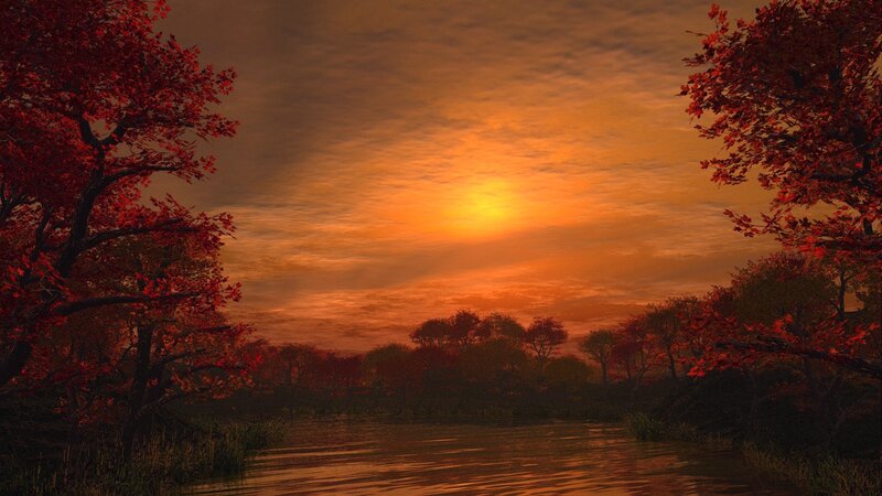 River at Sunset — Orange, Serene, Digital Art, Trees, Sky, Red