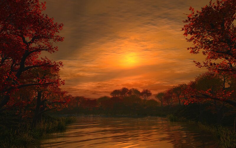River at Sunset — Orange, Serene, Digital Art, Trees, Sky