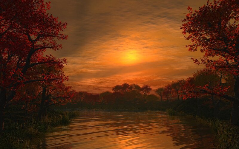 River at Sunset — Orange, Serene, Digital Art, Trees, Sky, Water, Red, Brown