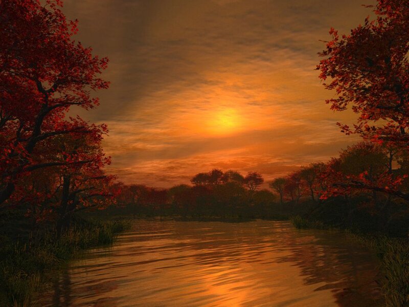 River at Sunset — Orange, Serene, Digital Art, Trees, Sky, Water