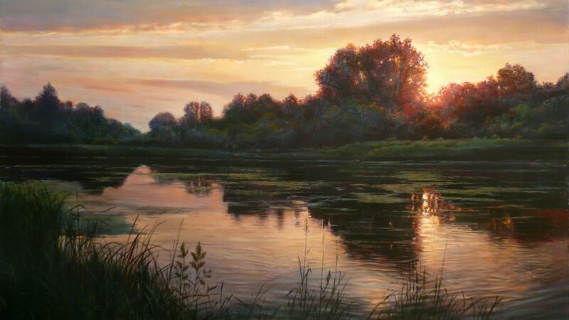 River at Sunset — Orange, Serene, Painting, Trees, Sky, Grass, Green, Brown