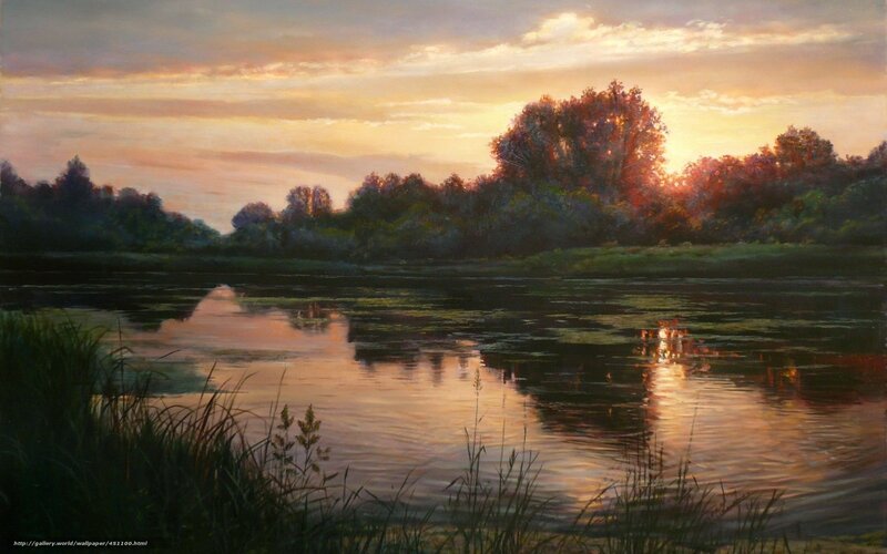 River at Sunset — Orange, Serene, Painting, Trees, Sky, Grass
