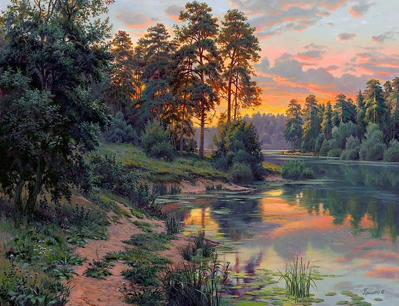 River at Sunset — Orange, Serene, Painting, Trees, Sky