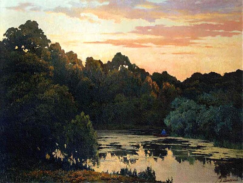 River at Sunset — Orange, Serene, Painting, Trees
