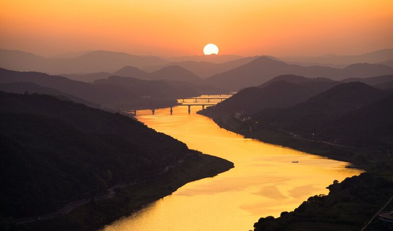 River at Sunset — Orange, Serene, Photograph, Mountains, Bridge