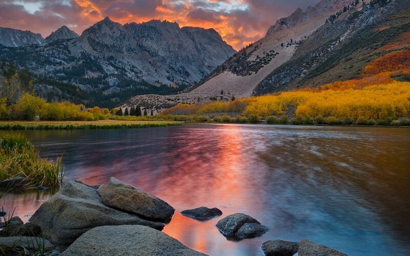 River at Sunset — Orange, Serene, Photograph, Mountains, Trees, Rocks