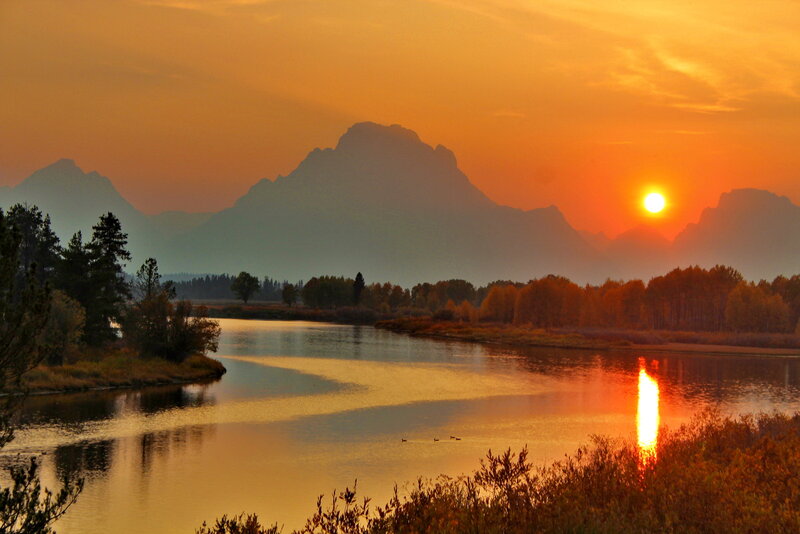 River at Sunset — Orange, Serene, Photograph, Mountains, Trees, Sun