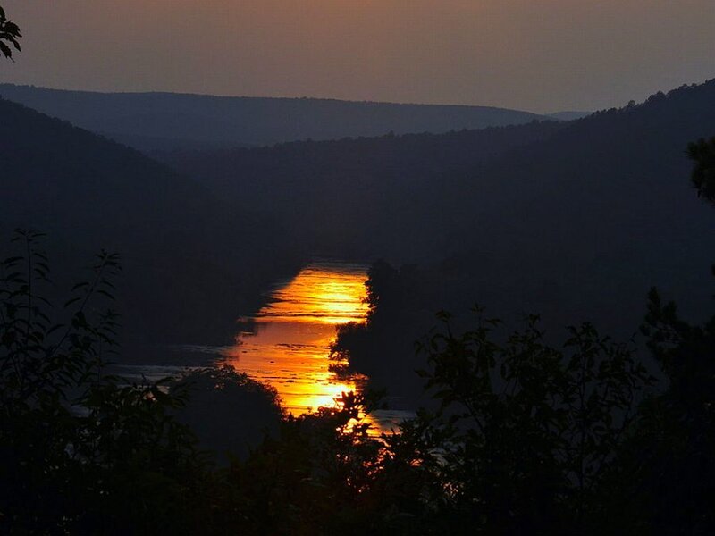 River at Sunset — Orange, Serene, Photograph, Mountains, Trees