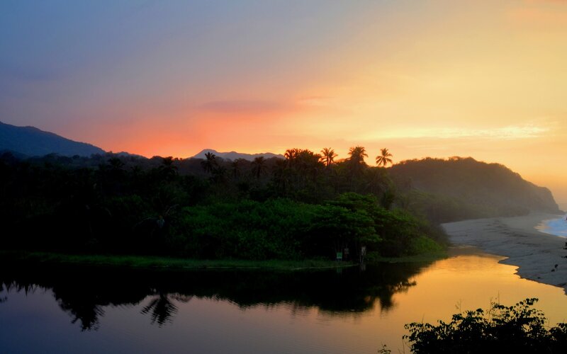 River at Sunset — Orange, Serene, Photograph, Palm Trees