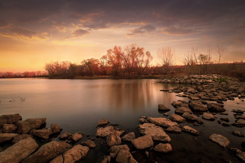 River at Sunset — Orange, Serene, Photograph, Rocks