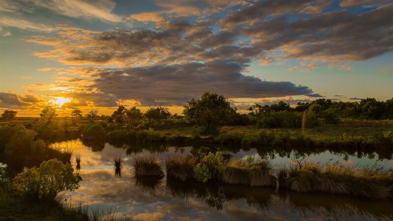 River at Sunset — Orange, Serene, Photograph, Sky, Trees, Clouds