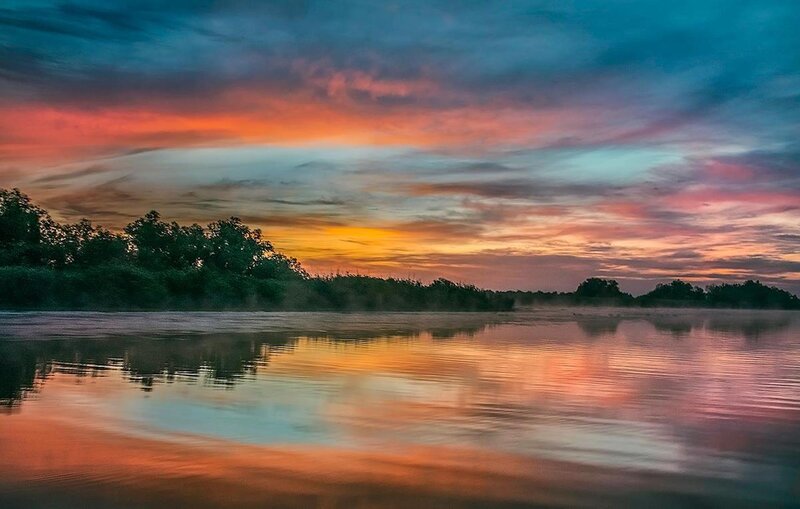 River at Sunset — Orange, Serene, Photograph, Sky, Trees, Mist