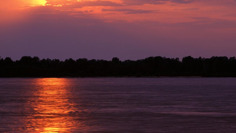River at Sunset — Orange, Serene, Photograph, Sky, Trees, Reflection, Purple