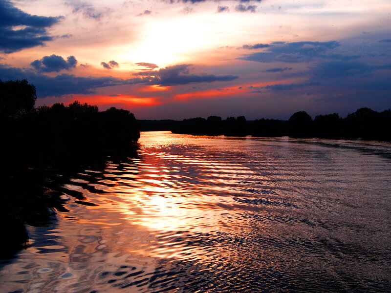 River at Sunset — Orange, Serene, Photograph, Sky, Trees