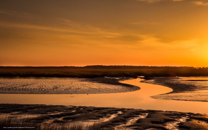 River at Sunset — Orange, Serene, Photograph, Sky, Water