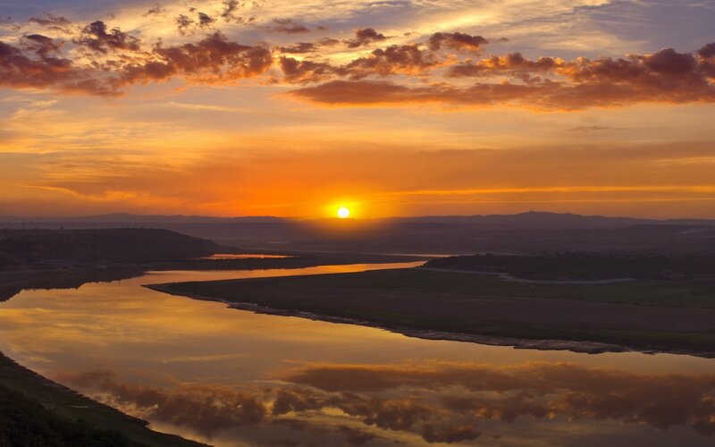 River at Sunset — Orange, Serene, Photograph, Sun, Clouds
