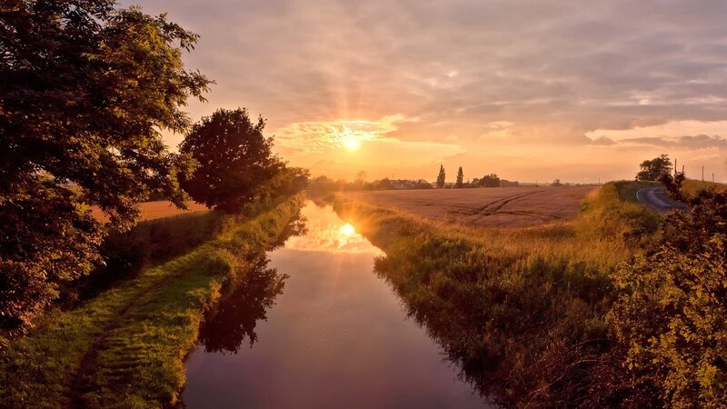 River at Sunset — Orange, Serene, Photograph, Sun, Fields