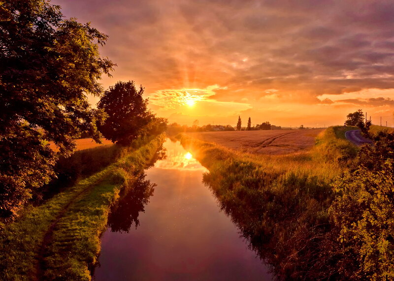 River at Sunset — Orange, Serene, Photograph, Sun, Sky