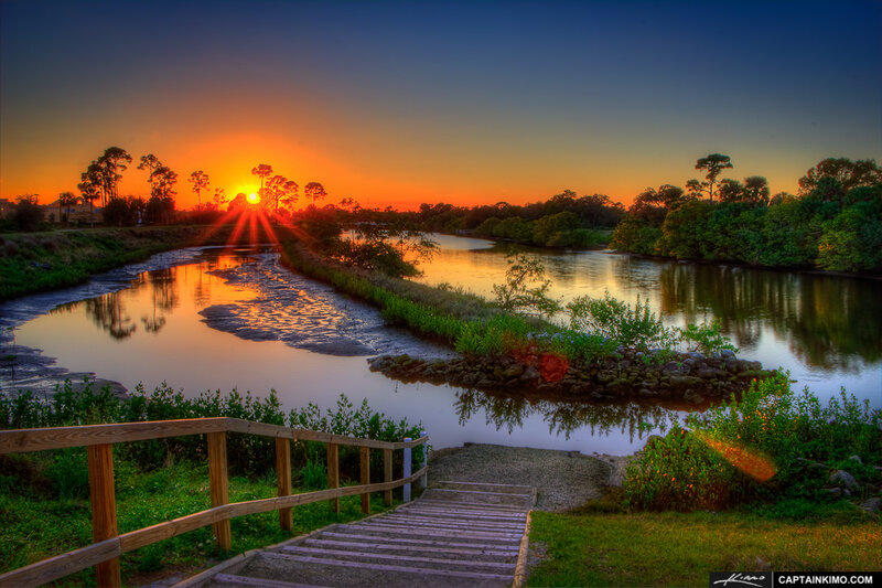 River at Sunset — Orange, Serene, Photograph, Sun, Stairs