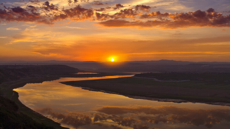 River at Sunset — Orange, Serene, Photograph, Sun