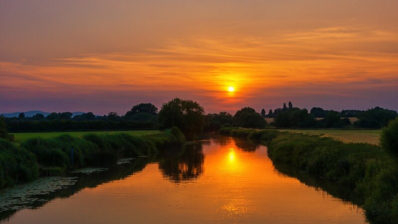 River at Sunset — Orange, Serene, Photograph, Sun, Trees, Sky