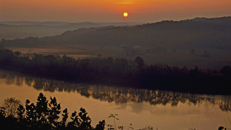 River at Sunset — Orange, Serene, Photograph, Sun, Trees