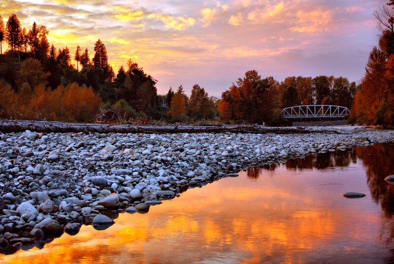 River at Sunset — Orange, Serene, Photograph, Trees, Bridge