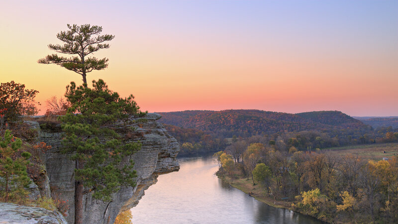 River at Sunset — Orange, Serene, Photograph, Trees, Cliff