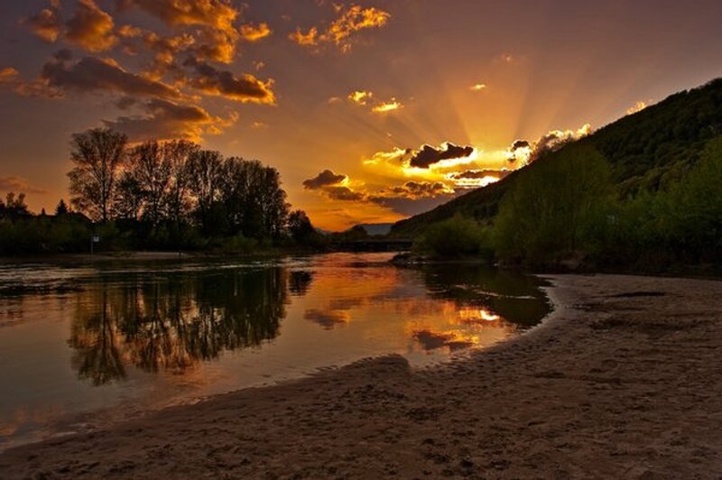 River at Sunset — Orange, Serene, Photograph, Trees, Clouds