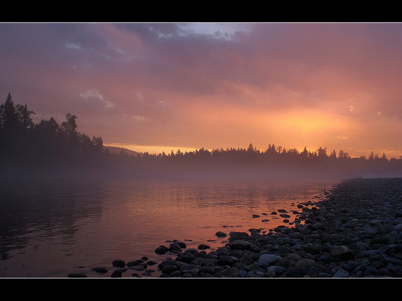 River at Sunset — Orange, Serene, Photograph, Trees, Fog
